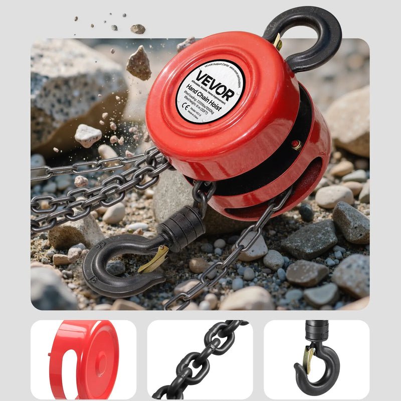VEVOR rokas ķēdes pacēlājs, kravnesība 1 t, ar uzlabotu G70 cinkotu ķēdi, celšanas augstums 6 m, smagā tipa mehānisms, piemērots garāžai, noliktavai un mehāniskajām iekārtām, sarkans