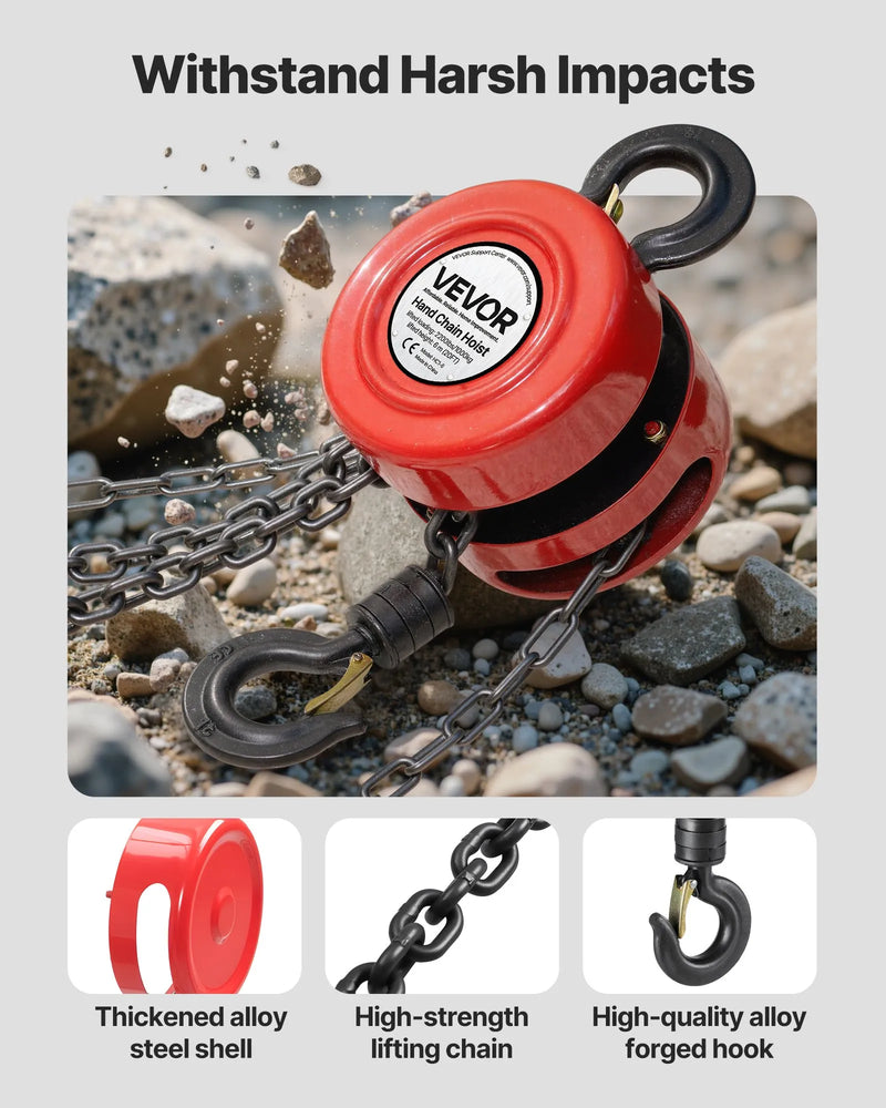 VEVOR rokas ķēdes pacēlājs, kravnesība 1 t, ar uzlabotu G70 cinkotu ķēdi, celšanas augstums 6 m, smagā tipa mehānisms, piemērots garāžai, noliktavai un mehāniskajām iekārtām, sarkans