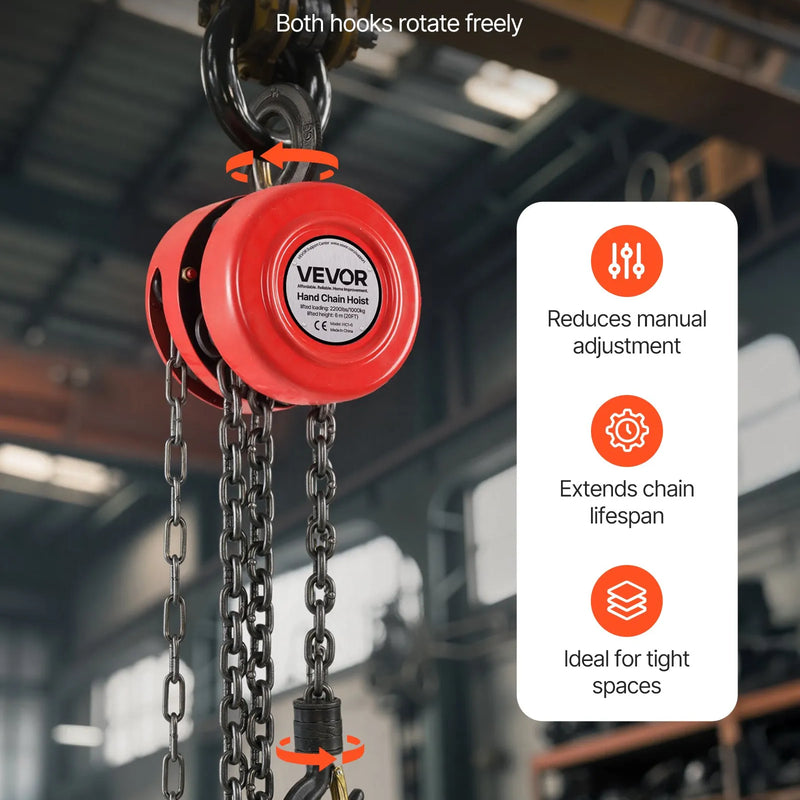 VEVOR rokas ķēdes pacēlājs, kravnesība 1 t, ar uzlabotu G70 cinkotu ķēdi, celšanas augstums 6 m, smagā tipa mehānisms, piemērots garāžai, noliktavai un mehāniskajām iekārtām, sarkans