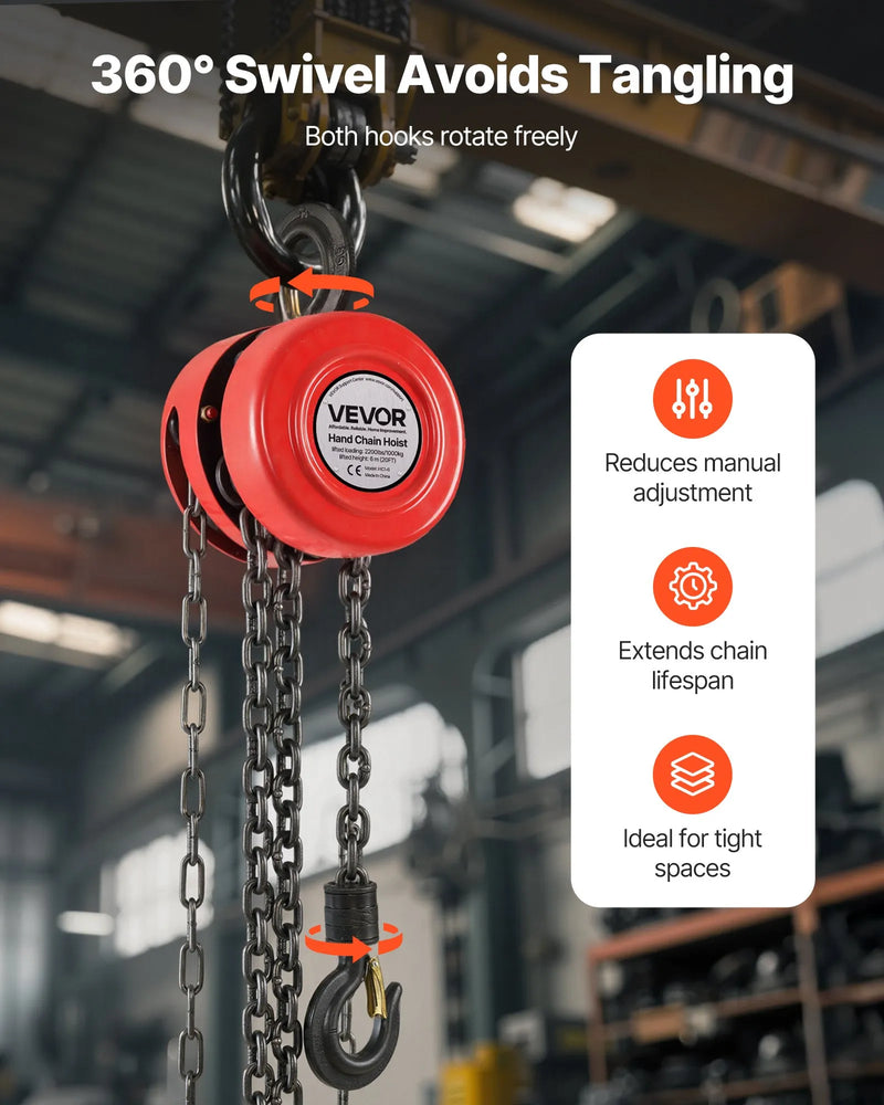 VEVOR rokas ķēdes pacēlājs, kravnesība 1 t, ar uzlabotu G70 cinkotu ķēdi, celšanas augstums 6 m, smagā tipa mehānisms, piemērots garāžai, noliktavai un mehāniskajām iekārtām, sarkans