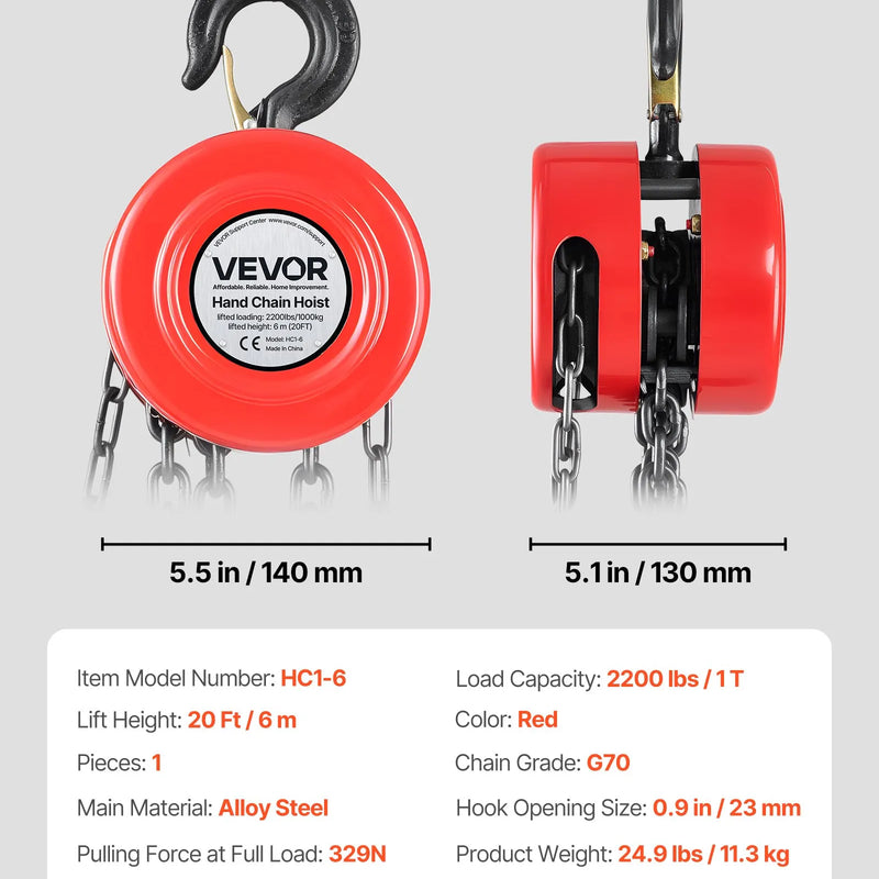 VEVOR rokas ķēdes pacēlājs, kravnesība 1 t, ar uzlabotu G70 cinkotu ķēdi, celšanas augstums 6 m, smagā tipa mehānisms, piemērots garāžai, noliktavai un mehāniskajām iekārtām, sarkans