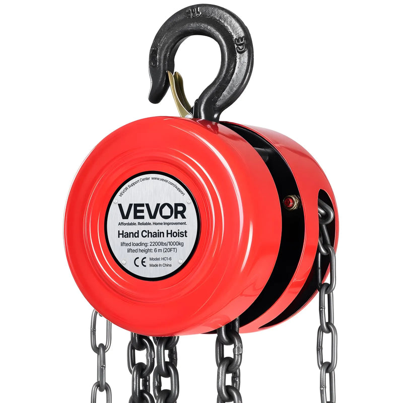 VEVOR rokas ķēdes pacēlājs, kravnesība 1 t, ar uzlabotu G70 cinkotu ķēdi, celšanas augstums 6 m, smagā tipa mehānisms, piemērots garāžai, noliktavai un mehāniskajām iekārtām, sarkans