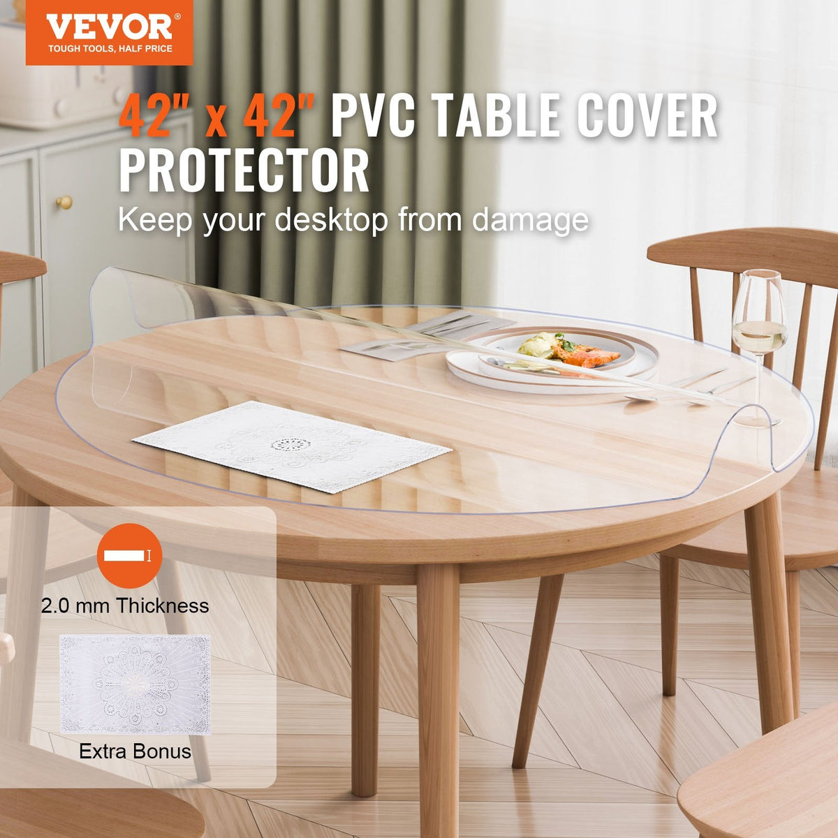 VEVOR PVC galda aizsargs, caurspīdīgs plastmasas pārklājs, apaļš, diametrs 107 cm, 2,0 mm biezums