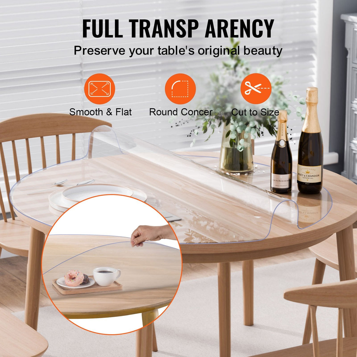 VEVOR PVC galda aizsargs, caurspīdīgs plastmasas pārklājs, apaļš, diametrs 107 cm, 2,0 mm biezums