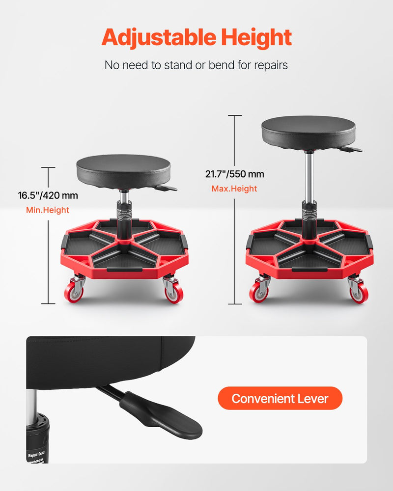 VEVOR rullējošais mehāniķa krēsls, regulējams garāžas krēsls, 136 kg kravnesība ar riteņiem