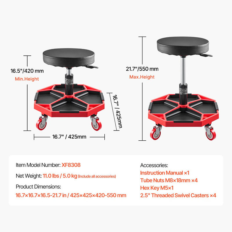 VEVOR rullējošais mehāniķa krēsls, regulējams garāžas krēsls, 136 kg kravnesība ar riteņiem