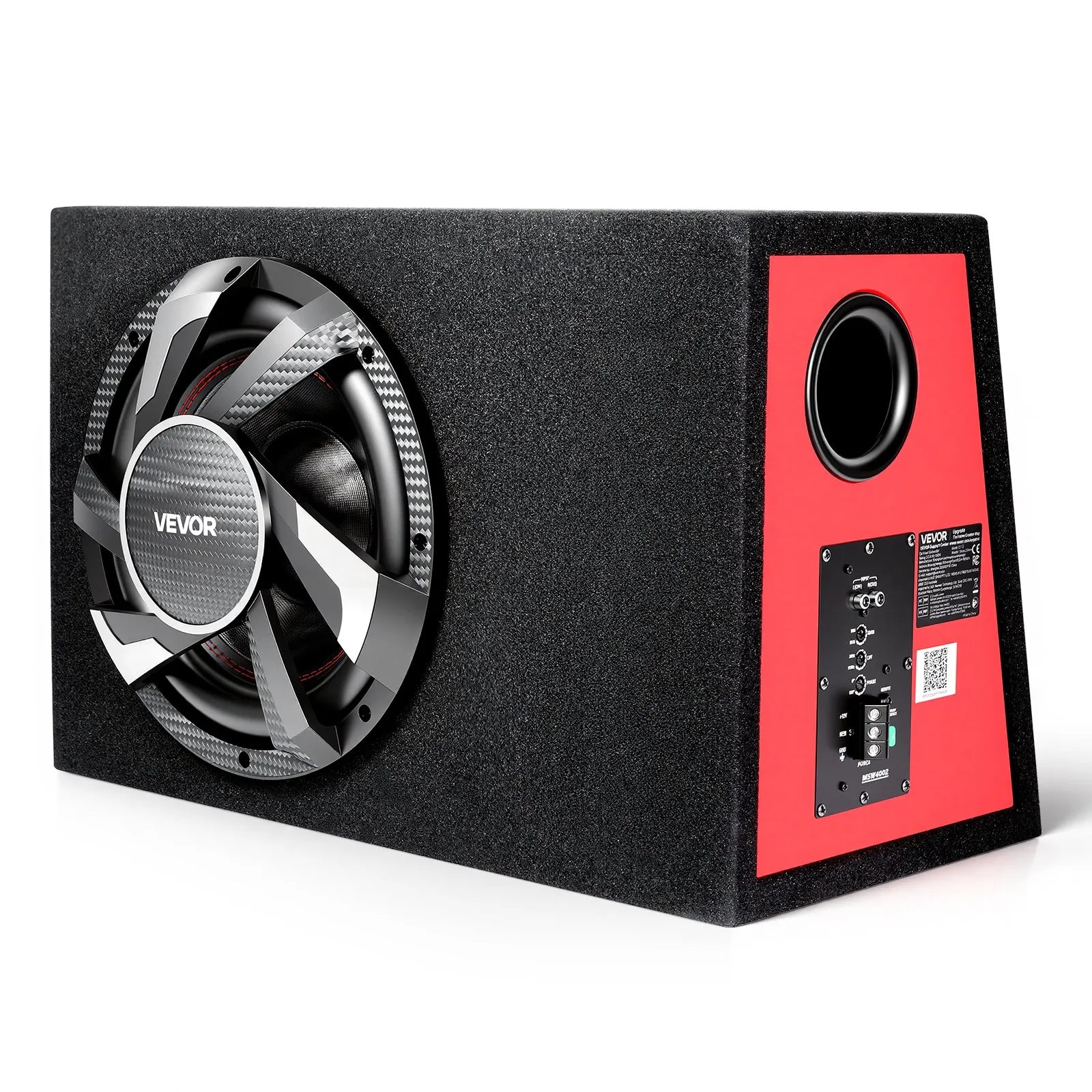 VEVOR automašīnas zemfrekvences skaļruņa komplekts 305 mm, 245 W RMS, ar iebūvētu pastiprinātāju, korpusu un savienojuma kabeļu komplektu, kompakts trapecveida dizains ավտ audio sistēmām