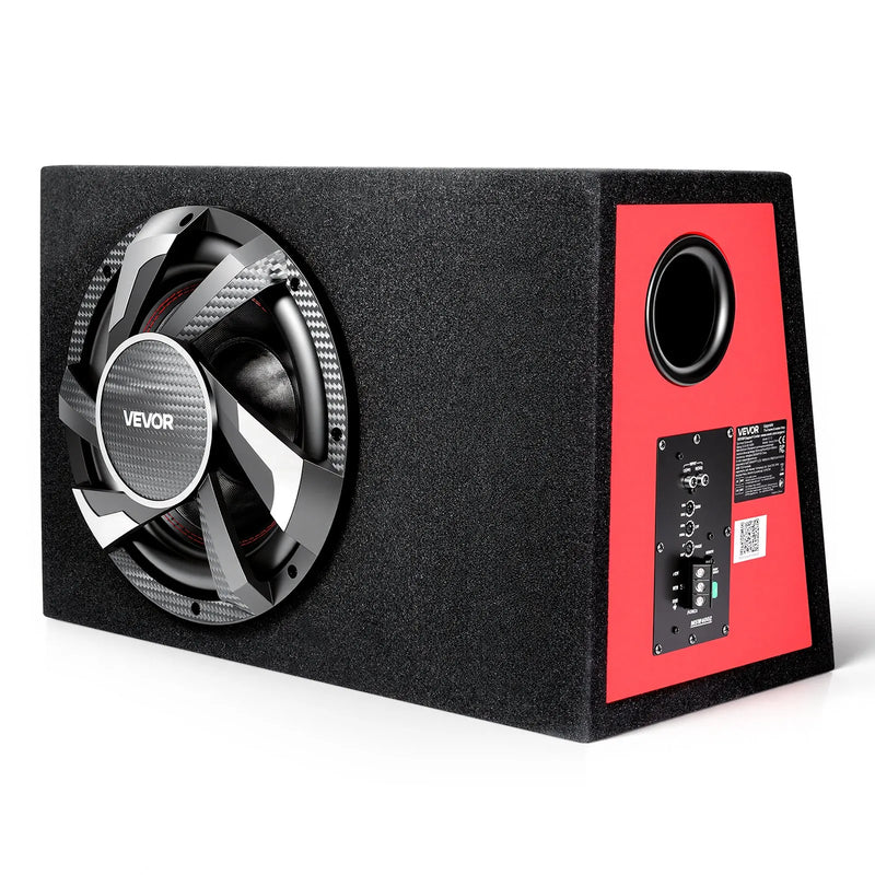 VEVOR automašīnas zemfrekvences skaļruņa komplekts 305 mm, 245 W RMS, ar iebūvētu pastiprinātāju, korpusu un savienojuma kabeļu komplektu, kompakts trapecveida dizains ավտ audio sistēmām