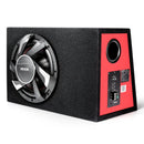 VEVOR automašīnas zemfrekvences skaļruņa komplekts 305 mm, 245 W RMS, ar iebūvētu pastiprinātāju, korpusu un savienojuma kabeļu komplektu, kompakts trapecveida dizains ավտ audio sistēmām