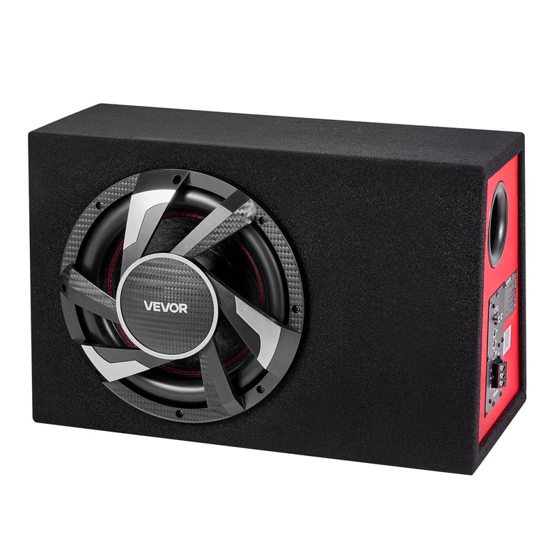 VEVOR automašīnas zemfrekvences skaļruņa komplekts 305 mm, 245 W RMS, ar iebūvētu pastiprinātāju, korpusu un savienojuma kabeļu komplektu, kompakts trapecveida dizains ավտ audio sistēmām