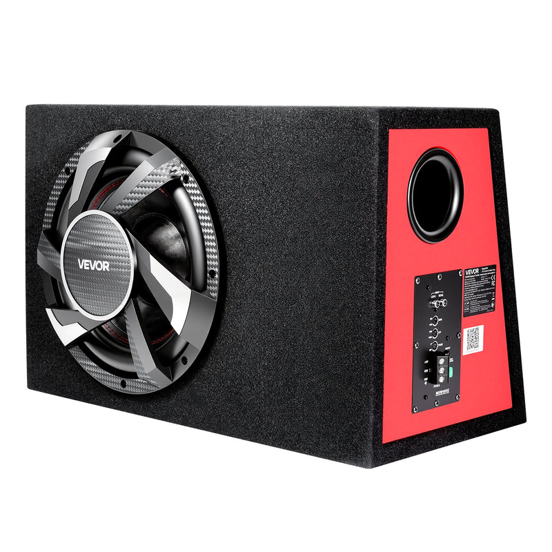 VEVOR automašīnas zemfrekvences skaļruņa komplekts 305 mm, 245 W RMS, ar iebūvētu pastiprinātāju, korpusu un savienojuma kabeļu komplektu, kompakts trapecveida dizains ավտ audio sistēmām