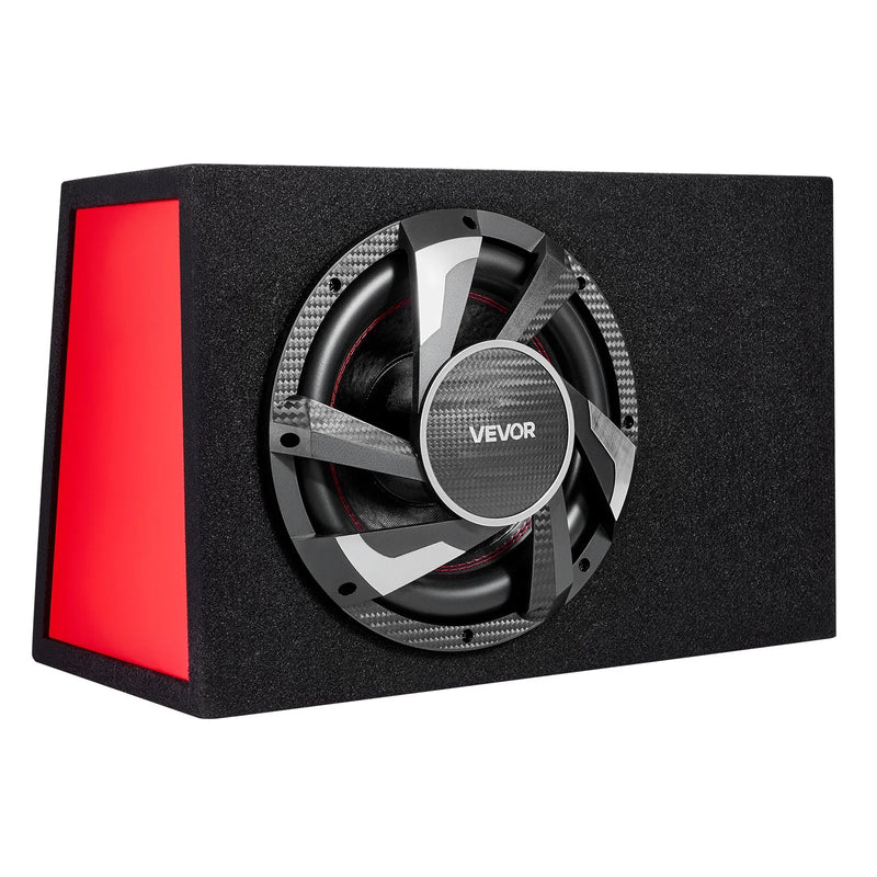 VEVOR automašīnas zemfrekvences skaļruņa komplekts 305 mm, 245 W RMS, ar iebūvētu pastiprinātāju, korpusu un savienojuma kabeļu komplektu, kompakts trapecveida dizains ավտ audio sistēmām