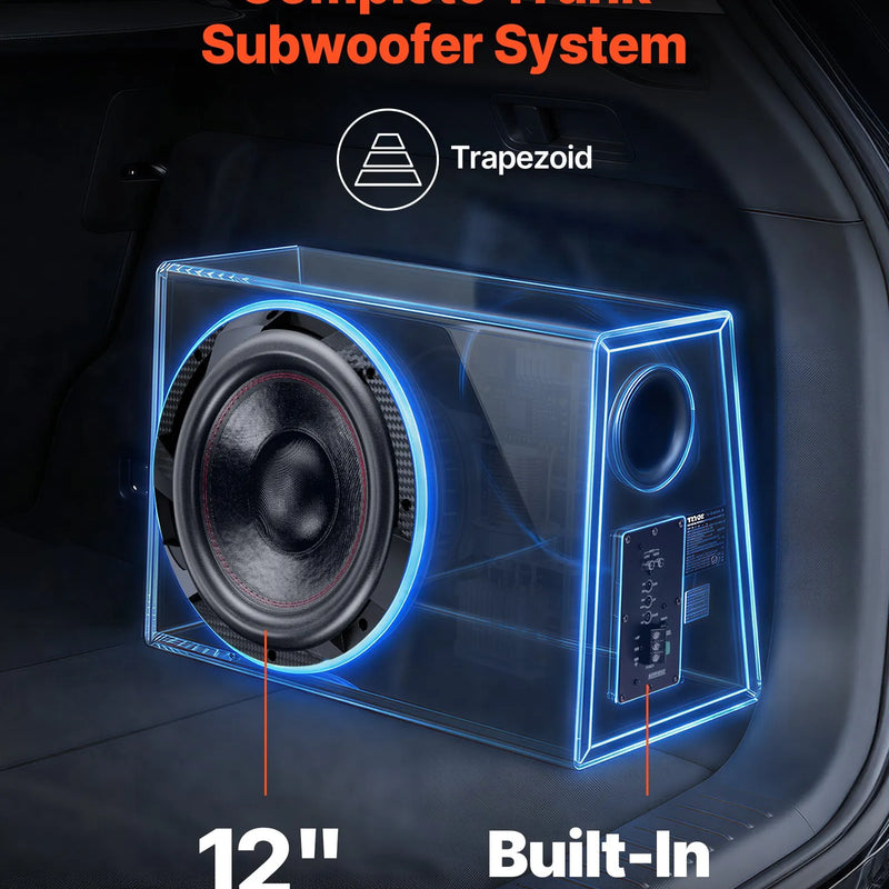 VEVOR automašīnas zemfrekvences skaļruņa komplekts 305 mm, 245 W RMS, ar iebūvētu pastiprinātāju, korpusu un savienojuma kabeļu komplektu, kompakts trapecveida dizains ավտ audio sistēmām