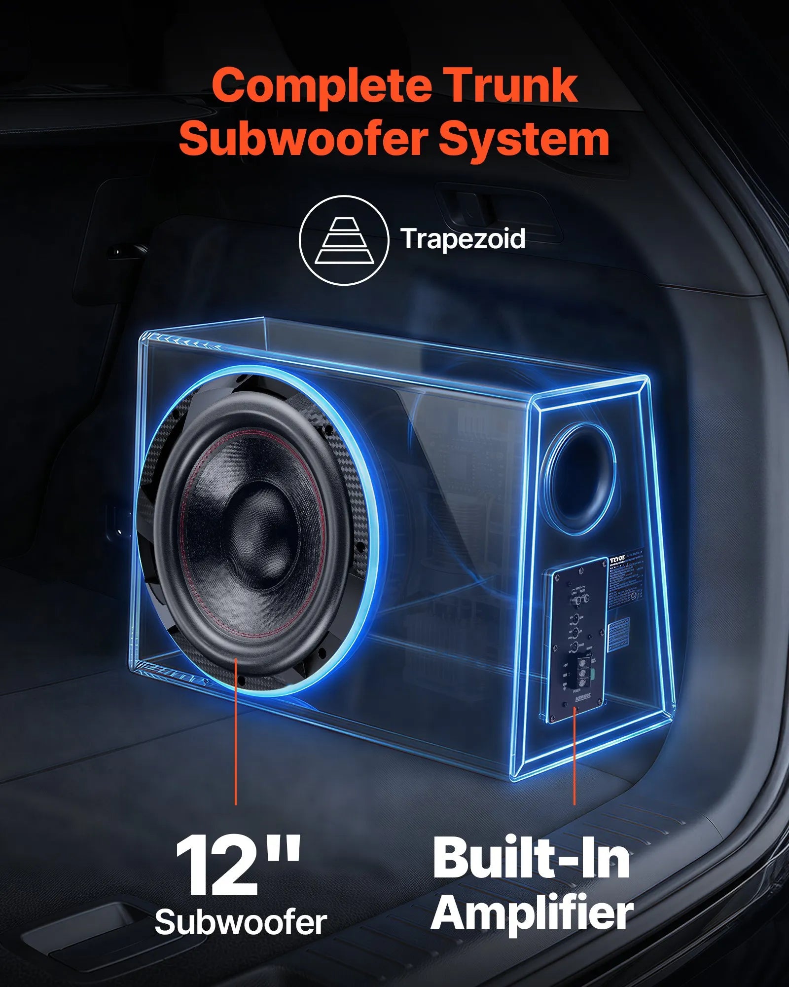 VEVOR automašīnas zemfrekvences skaļruņa komplekts 305 mm, 245 W RMS, ar iebūvētu pastiprinātāju, korpusu un savienojuma kabeļu komplektu, kompakts trapecveida dizains ավտ audio sistēmām