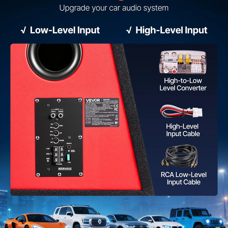 VEVOR automašīnas zemfrekvences skaļruņa komplekts 305 mm, 245 W RMS, ar iebūvētu pastiprinātāju, korpusu un savienojuma kabeļu komplektu, kompakts trapecveida dizains ավտ audio sistēmām