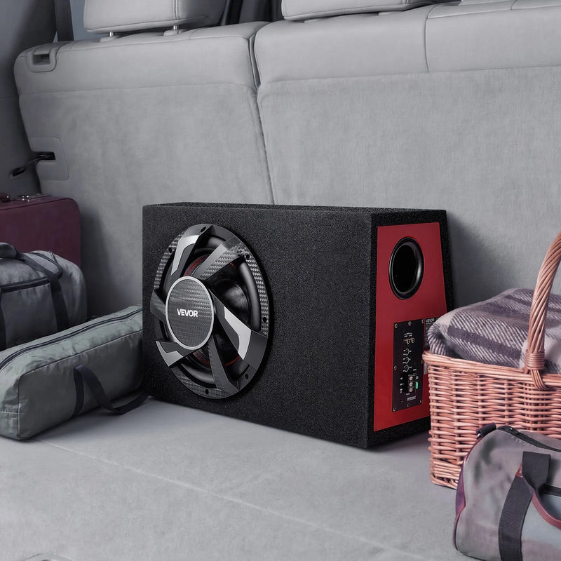 VEVOR automašīnas zemfrekvences skaļruņa komplekts 305 mm, 245 W RMS, ar iebūvētu pastiprinātāju, korpusu un savienojuma kabeļu komplektu, kompakts trapecveida dizains ավտ audio sistēmām
