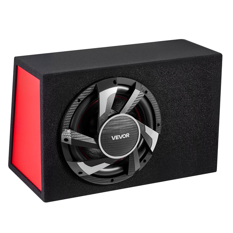 VEVOR automašīnas zemfrekvences skaļruņa komplekts 305 mm, 245 W RMS, ar iebūvētu pastiprinātāju, korpusu un savienojuma kabeļu komplektu, kompakts trapecveida dizains ավտ audio sistēmām