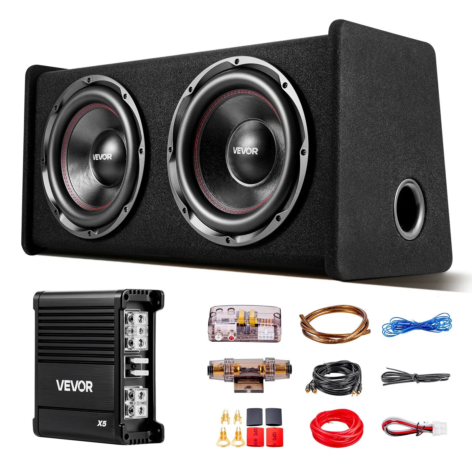 VEVOR automašīnas zemfrekvences skaļruņu komplekts ar 2 x 305 mm skaļruņiem, 490 W RMS, ar atsevišķu pastiprinātāju, korpusu un savienojuma kabeļu komplektu, paredzēts bagāžniekiem un auto audio sistēmām