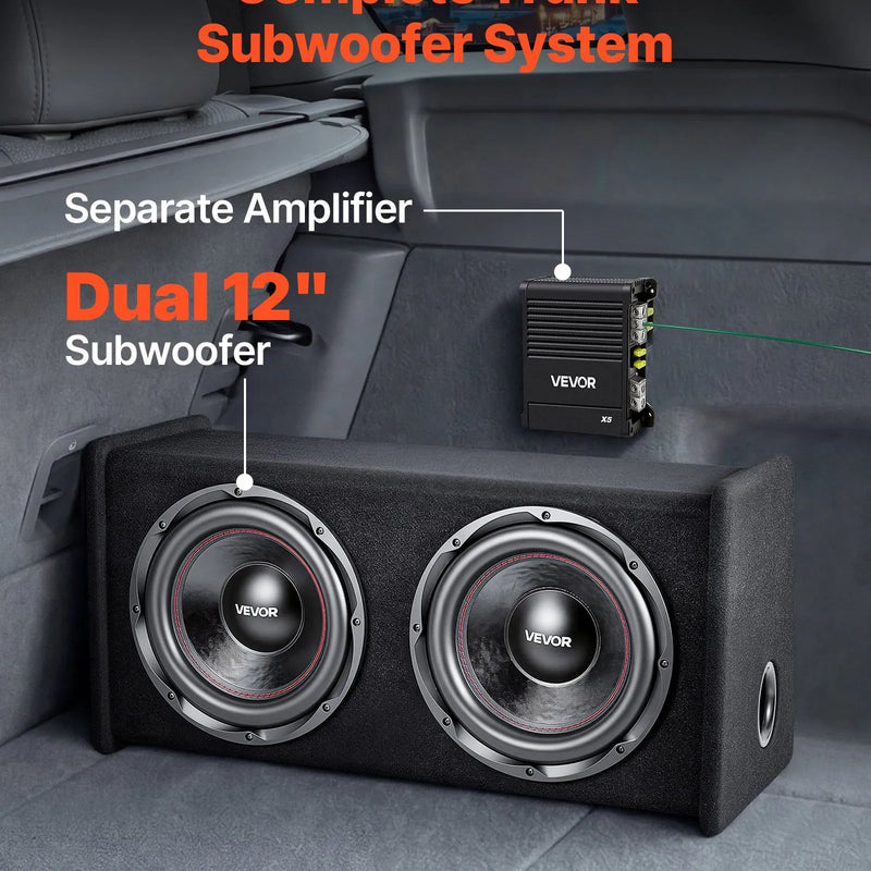 VEVOR automašīnas zemfrekvences skaļruņu komplekts ar 2 x 305 mm skaļruņiem, 490 W RMS, ar atsevišķu pastiprinātāju, korpusu un savienojuma kabeļu komplektu, paredzēts bagāžniekiem un auto audio sistēmām