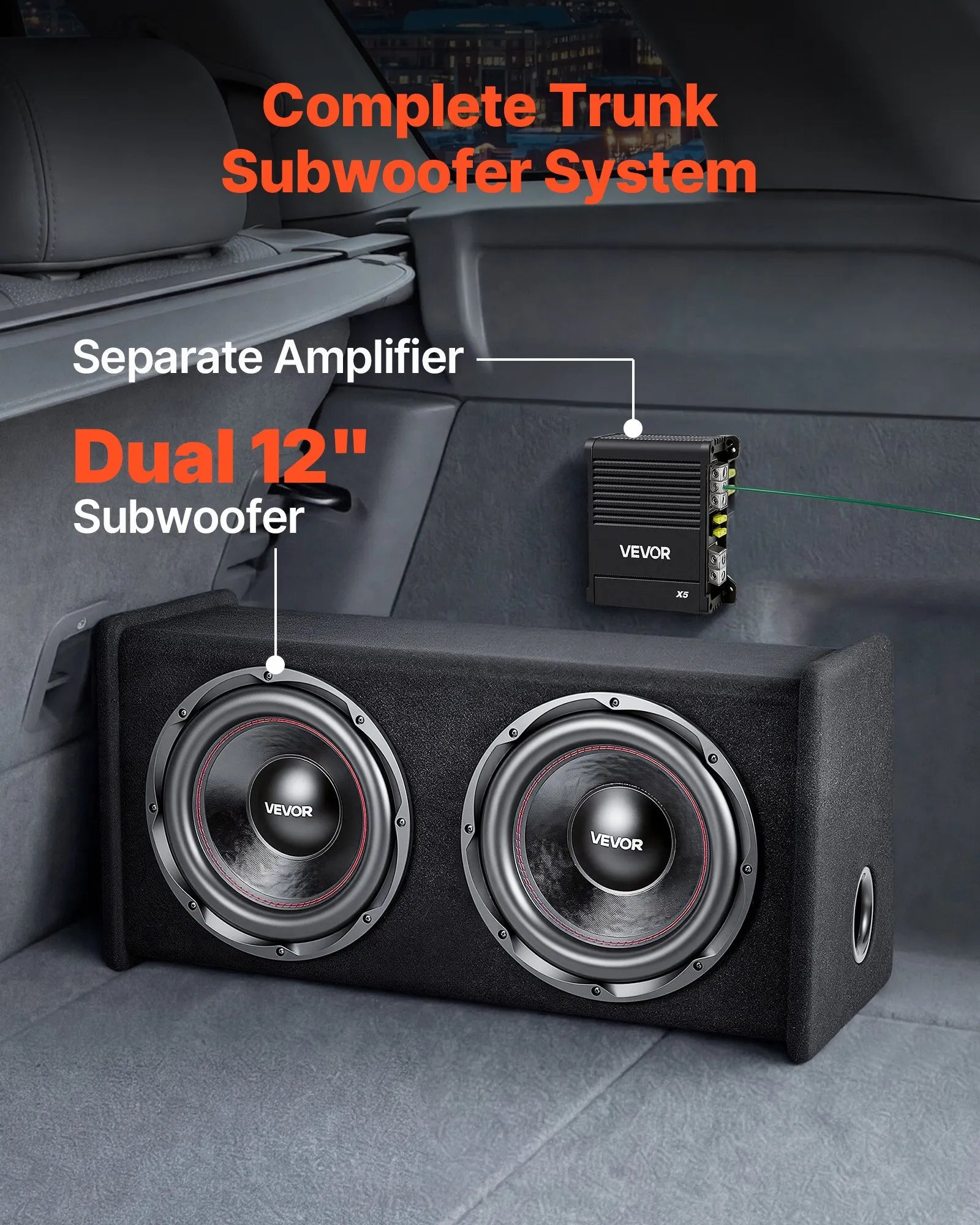 VEVOR automašīnas zemfrekvences skaļruņu komplekts ar 2 x 305 mm skaļruņiem, 490 W RMS, ar atsevišķu pastiprinātāju, korpusu un savienojuma kabeļu komplektu, paredzēts bagāžniekiem un auto audio sistēmām