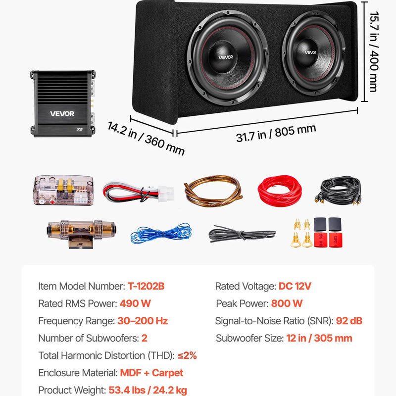VEVOR automašīnas zemfrekvences skaļruņu komplekts ar 2 x 305 mm skaļruņiem, 490 W RMS, ar atsevišķu pastiprinātāju, korpusu un savienojuma kabeļu komplektu, paredzēts bagāžniekiem un auto audio sistēmām