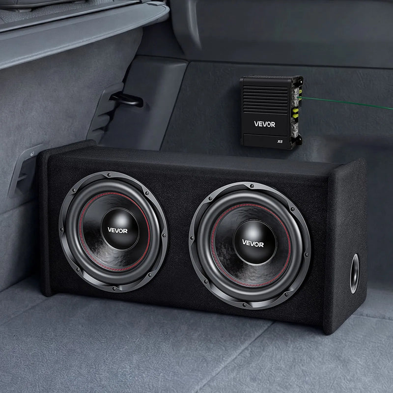 VEVOR automašīnas zemfrekvences skaļruņu komplekts ar 2 x 305 mm skaļruņiem, 490 W RMS, ar atsevišķu pastiprinātāju, korpusu un savienojuma kabeļu komplektu, paredzēts bagāžniekiem un auto audio sistēmām
