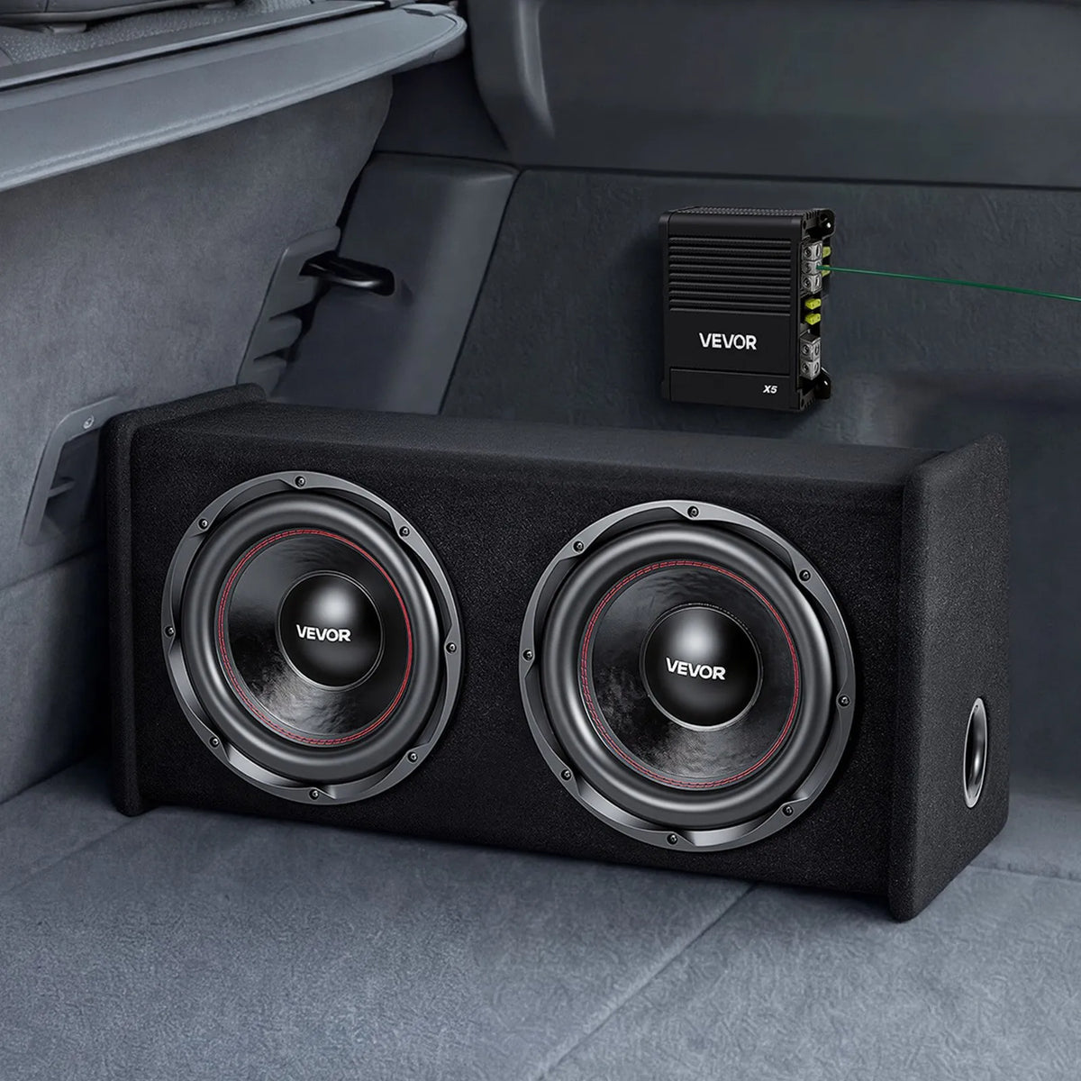 VEVOR automašīnas zemfrekvences skaļruņu komplekts ar 2 x 305 mm skaļruņiem, 490 W RMS, ar atsevišķu pastiprinātāju, korpusu un savienojuma kabeļu komplektu, paredzēts bagāžniekiem un auto audio sistēmām