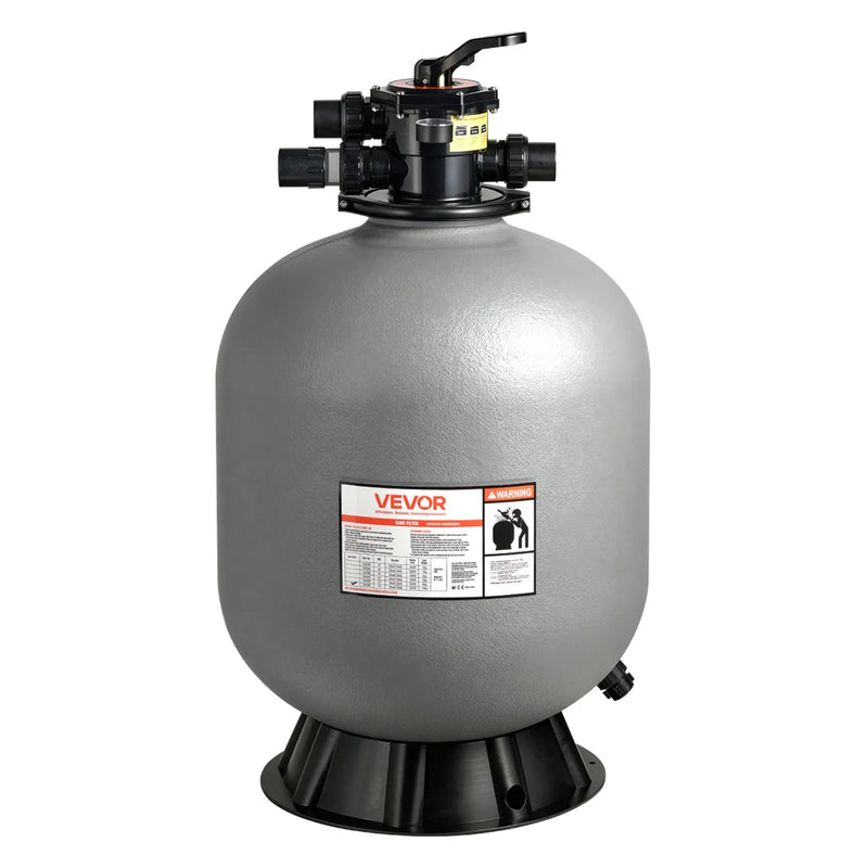 VEVOR baseina smilšu filtrācijas sistēma 609,6 mm, plūsma līdz 14,8 m³/h, virszemes un zemē ieraktiem baseiniem, 7-pozīciju daudzportu vārsts (filtrēšana, pretmazgāšana, skalošana, recirkulācija, novade, ziemas režīms, slēgts)