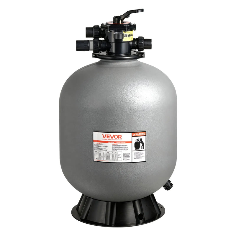 VEVOR baseina smilšu filtrācijas sistēma 609,6 mm, plūsma līdz 14,8 m³/h, virszemes un zemē ieraktiem baseiniem, 7-pozīciju daudzportu vārsts (filtrēšana, pretmazgāšana, skalošana, recirkulācija, novade, ziemas režīms, slēgts)