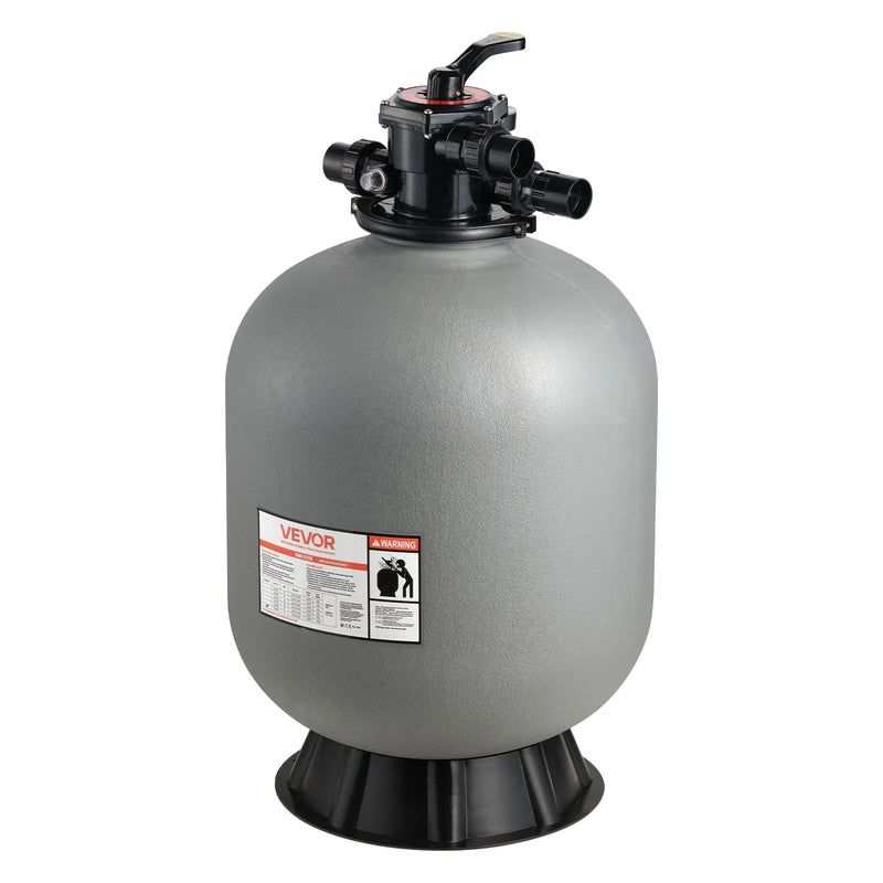 VEVOR baseina smilšu filtrācijas sistēma 609,6 mm, plūsma līdz 14,8 m³/h, virszemes un zemē ieraktiem baseiniem, 7-pozīciju daudzportu vārsts (filtrēšana, pretmazgāšana, skalošana, recirkulācija, novade, ziemas režīms, slēgts)