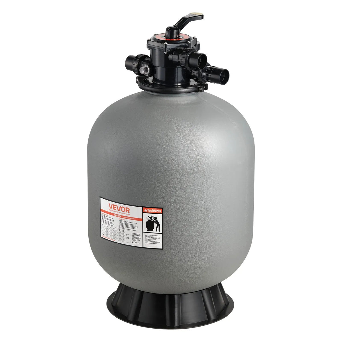 VEVOR baseina smilšu filtrācijas sistēma 609,6 mm, plūsma līdz 14,8 m³/h, virszemes un zemē ieraktiem baseiniem, 7-pozīciju daudzportu vārsts (filtrēšana, pretmazgāšana, skalošana, recirkulācija, novade, ziemas režīms, slēgts)