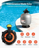 VEVOR baseina smilšu filtrācijas sistēma 609,6 mm, plūsma līdz 14,8 m³/h, virszemes un zemē ieraktiem baseiniem, 7-pozīciju daudzportu vārsts (filtrēšana, pretmazgāšana, skalošana, recirkulācija, novade, ziemas režīms, slēgts)