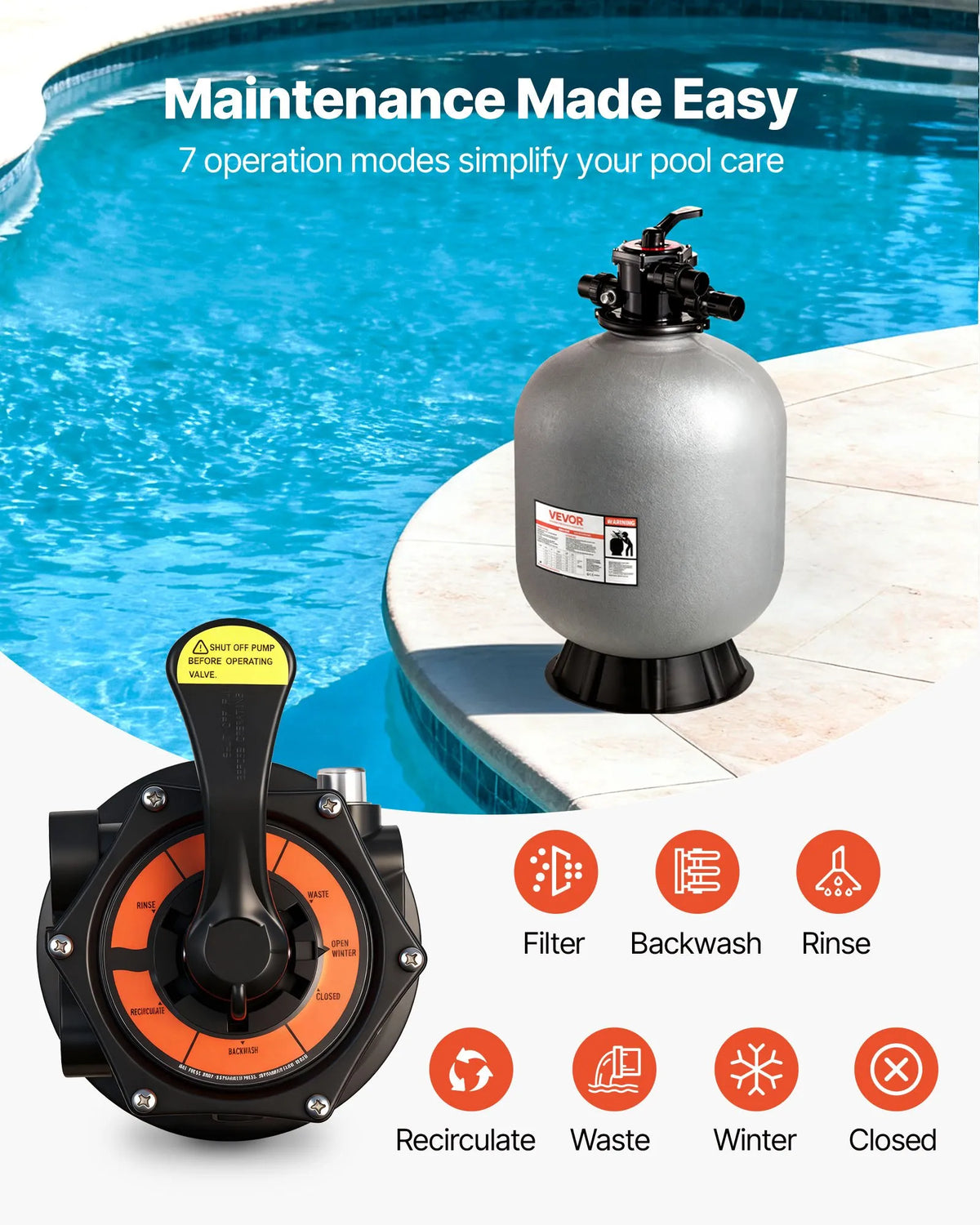 VEVOR baseina smilšu filtrācijas sistēma 609,6 mm, plūsma līdz 14,8 m³/h, virszemes un zemē ieraktiem baseiniem, 7-pozīciju daudzportu vārsts (filtrēšana, pretmazgāšana, skalošana, recirkulācija, novade, ziemas režīms, slēgts)