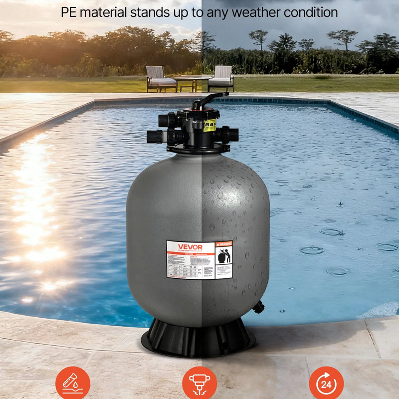 VEVOR baseina smilšu filtrācijas sistēma 609,6 mm, plūsma līdz 14,8 m³/h, virszemes un zemē ieraktiem baseiniem, 7-pozīciju daudzportu vārsts (filtrēšana, pretmazgāšana, skalošana, recirkulācija, novade, ziemas režīms, slēgts)