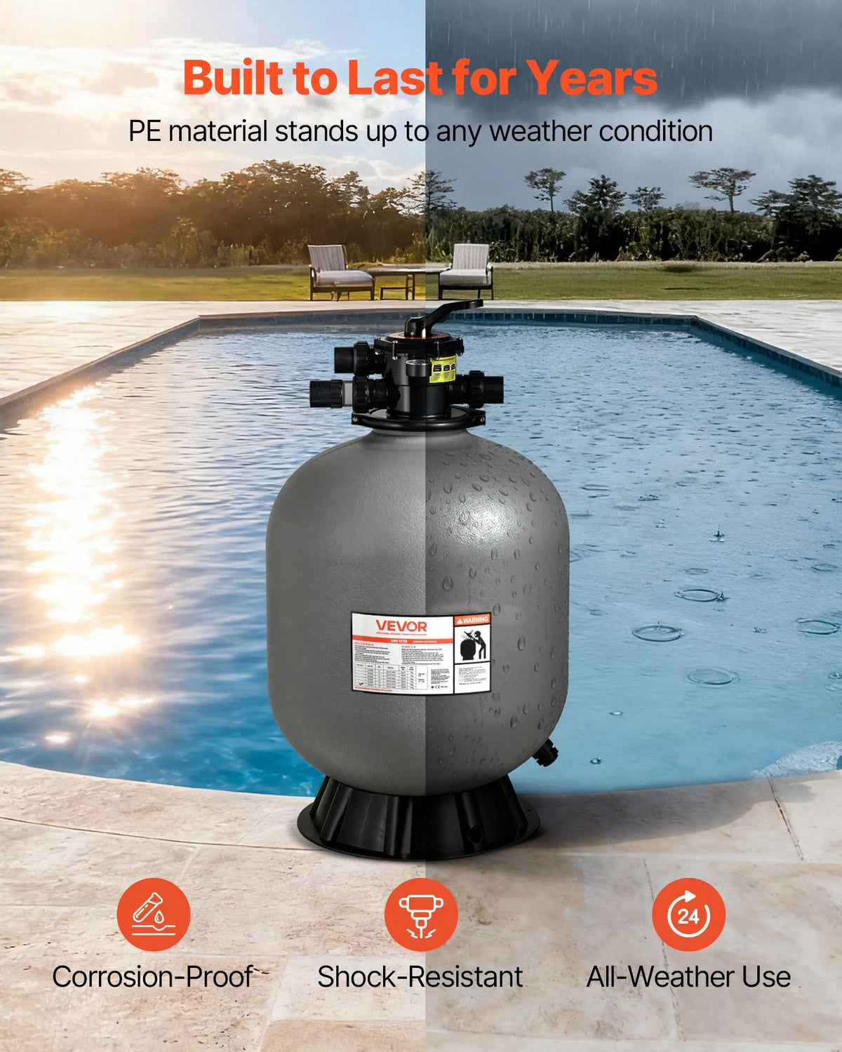 VEVOR baseina smilšu filtrācijas sistēma 609,6 mm, plūsma līdz 14,8 m³/h, virszemes un zemē ieraktiem baseiniem, 7-pozīciju daudzportu vārsts (filtrēšana, pretmazgāšana, skalošana, recirkulācija, novade, ziemas režīms, slēgts)