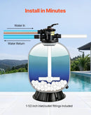 VEVOR baseina smilšu filtrācijas sistēma 609,6 mm, plūsma līdz 14,8 m³/h, virszemes un zemē ieraktiem baseiniem, 7-pozīciju daudzportu vārsts (filtrēšana, pretmazgāšana, skalošana, recirkulācija, novade, ziemas režīms, slēgts)