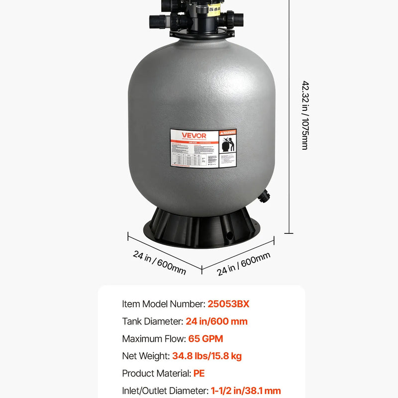 VEVOR baseina smilšu filtrācijas sistēma 609,6 mm, plūsma līdz 14,8 m³/h, virszemes un zemē ieraktiem baseiniem, 7-pozīciju daudzportu vārsts (filtrēšana, pretmazgāšana, skalošana, recirkulācija, novade, ziemas režīms, slēgts)
