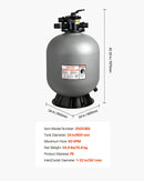 VEVOR baseina smilšu filtrācijas sistēma 609,6 mm, plūsma līdz 14,8 m³/h, virszemes un zemē ieraktiem baseiniem, 7-pozīciju daudzportu vārsts (filtrēšana, pretmazgāšana, skalošana, recirkulācija, novade, ziemas režīms, slēgts)