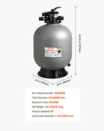 VEVOR baseina smilšu filtrācijas sistēma 609,6 mm, plūsma līdz 14,8 m³/h, virszemes un zemē ieraktiem baseiniem, 7-pozīciju daudzportu vārsts (filtrēšana, pretmazgāšana, skalošana, recirkulācija, novade, ziemas režīms, slēgts)