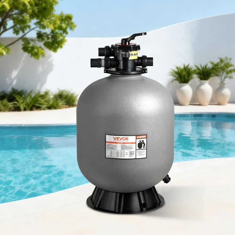 VEVOR baseina smilšu filtrācijas sistēma 609,6 mm, plūsma līdz 14,8 m³/h, virszemes un zemē ieraktiem baseiniem, 7-pozīciju daudzportu vārsts (filtrēšana, pretmazgāšana, skalošana, recirkulācija, novade, ziemas režīms, slēgts)
