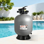 VEVOR baseina smilšu filtrācijas sistēma 609,6 mm, plūsma līdz 14,8 m³/h, virszemes un zemē ieraktiem baseiniem, 7-pozīciju daudzportu vārsts (filtrēšana, pretmazgāšana, skalošana, recirkulācija, novade, ziemas režīms, slēgts)
