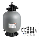 VEVOR baseina smilšu filtrācijas sistēma 609,6 mm, plūsma līdz 14,8 m³/h, virszemes un zemē ieraktiem baseiniem, 7-pozīciju daudzportu vārsts (filtrēšana, pretmazgāšana, skalošana, recirkulācija, novade, ziemas režīms, slēgts)