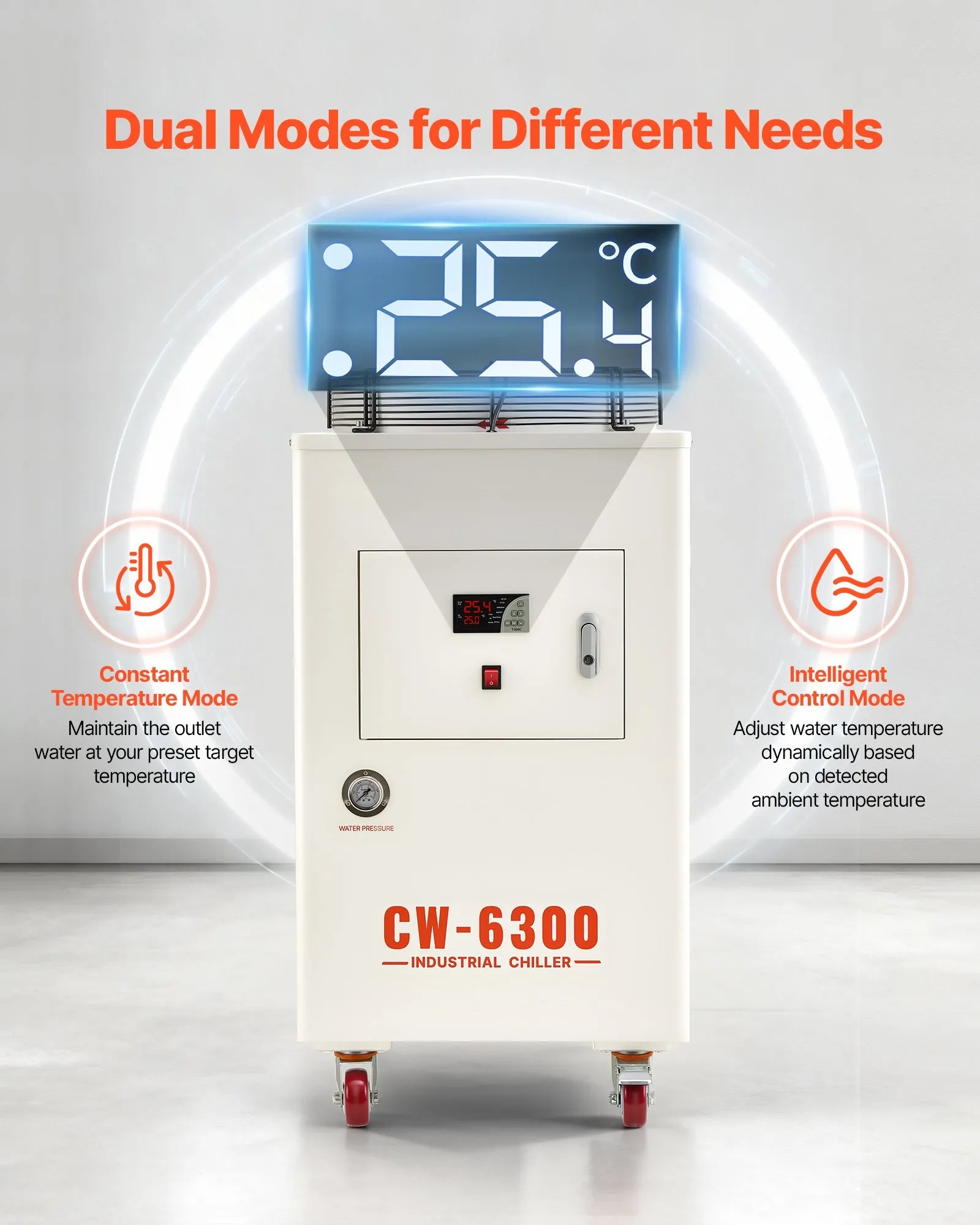 VEVOR industriālais ūdens dzesētājs, 8000 W, industriāla ūdens dzesēšanas sistēma ar kompresoru, maksimālais plūsmas ātrums 70 l/min, 40 l tvertnes ietilpība, lāzera dzesētājs CO₂ lāzera cauruļu gravēšanas un griešanas iekārtām