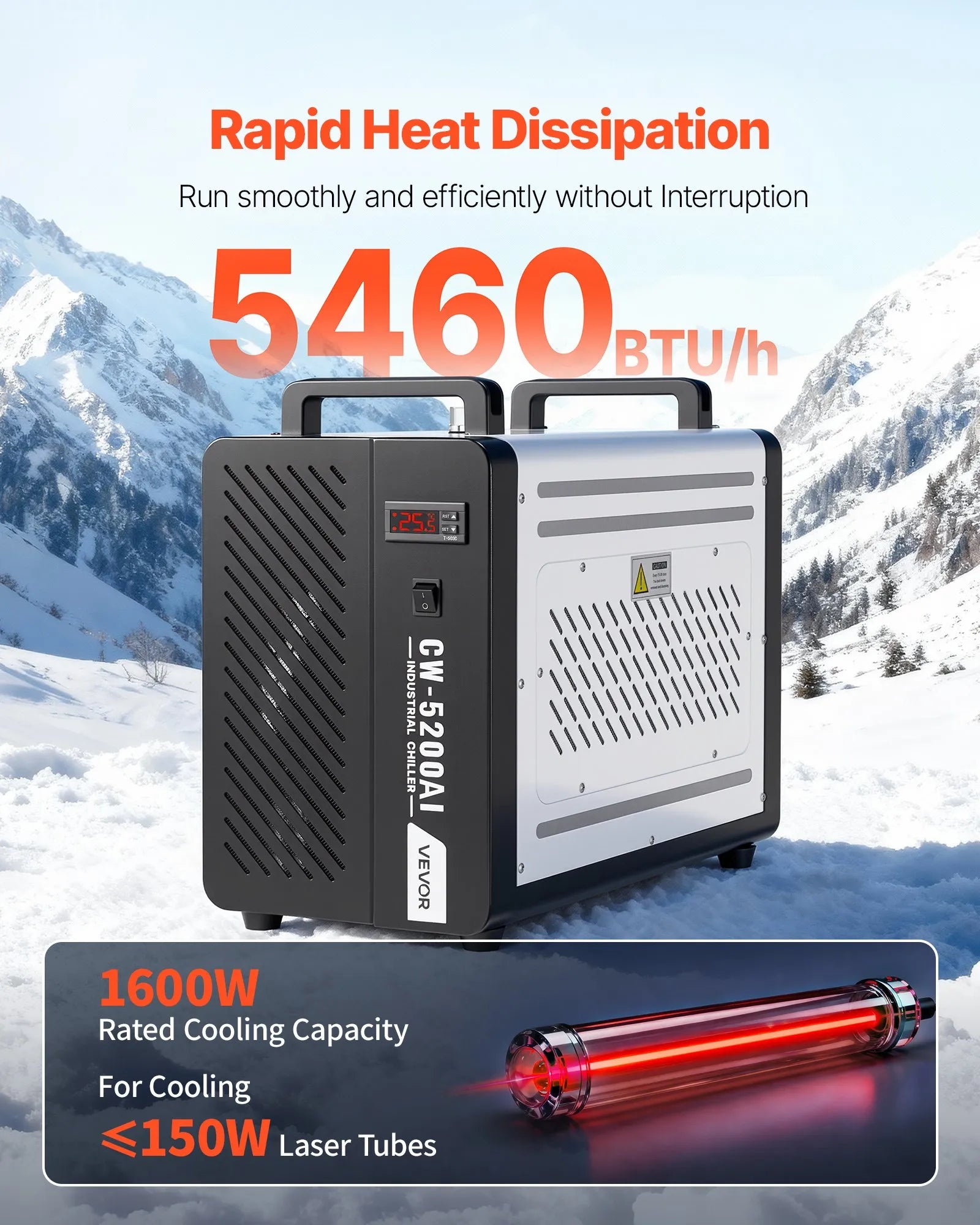 VEVOR industriālais ūdens dzesētājs, 1600 W, industriāla ūdens dzesēšanas sistēma ar kompresoru, maksimālais plūsmas ātrums 16 l/min, 7 l tvertnes ietilpība, lāzera dzesētājs CO₂ lāzera cauruļu gravēšanas un griešanas iekārtām