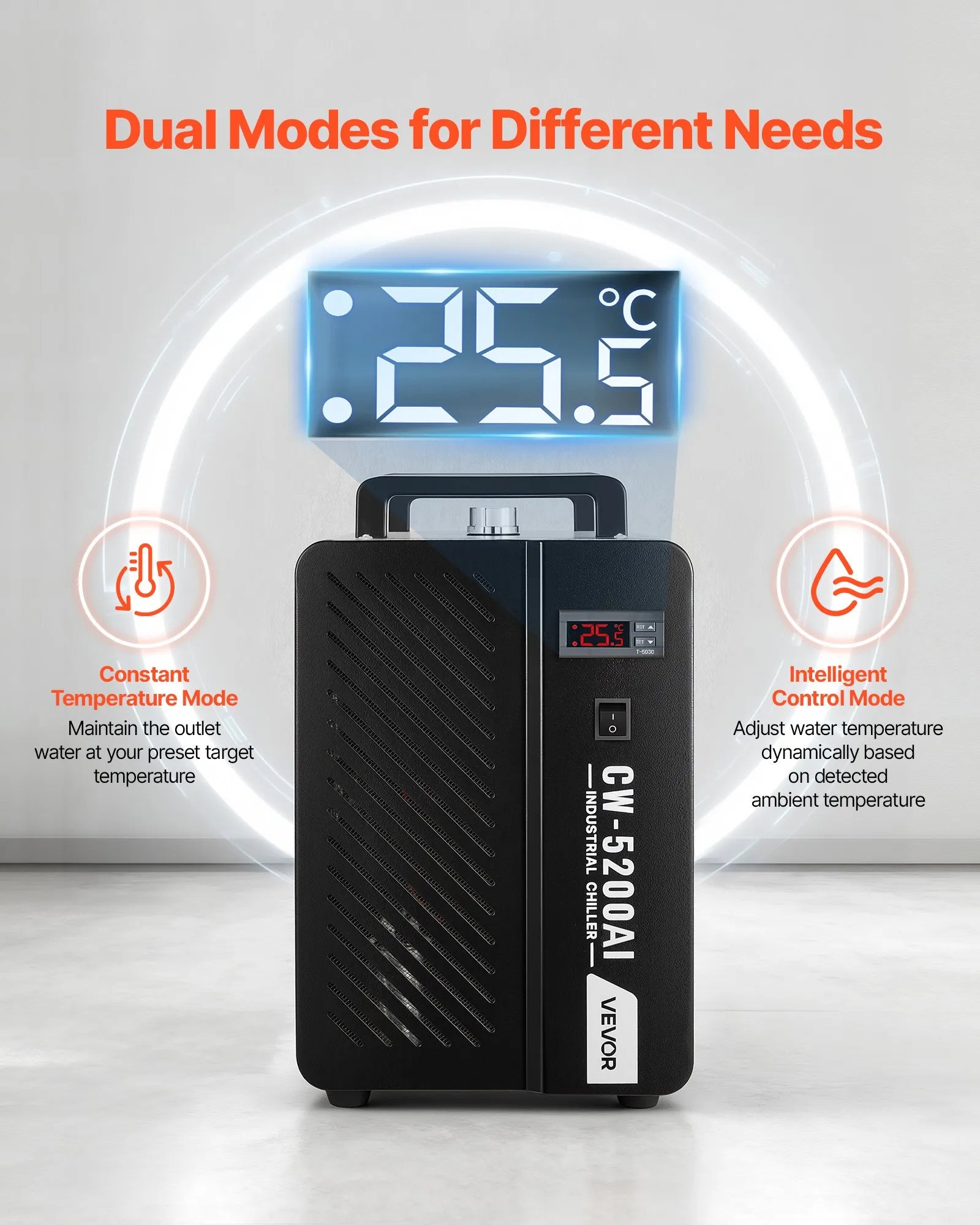 VEVOR industriālais ūdens dzesētājs, 1600 W, industriāla ūdens dzesēšanas sistēma ar kompresoru, maksimālais plūsmas ātrums 16 l/min, 7 l tvertnes ietilpība, lāzera dzesētājs CO₂ lāzera cauruļu gravēšanas un griešanas iekārtām