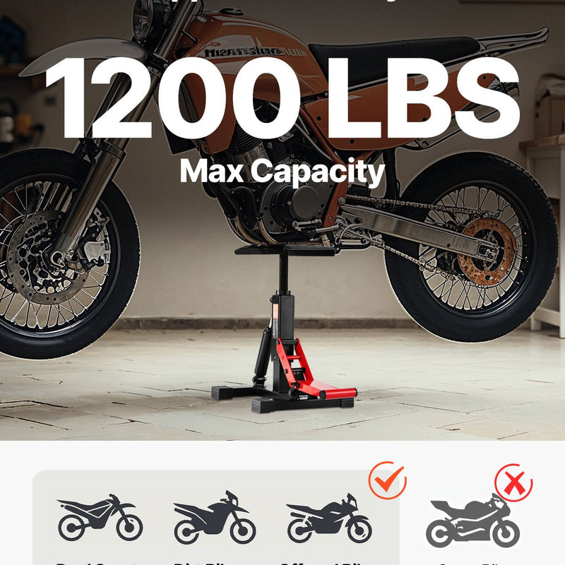 Motocikla hidrauliskais pacēlājs ar regulējamu augstumu 250–465 mm, celtspēja 545 kg, piemērots krosa motociklu apkopei un remontam