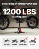 Motocikla hidrauliskais pacēlājs ar regulējamu augstumu 250–465 mm, celtspēja 545 kg, piemērots krosa motociklu apkopei un remontam