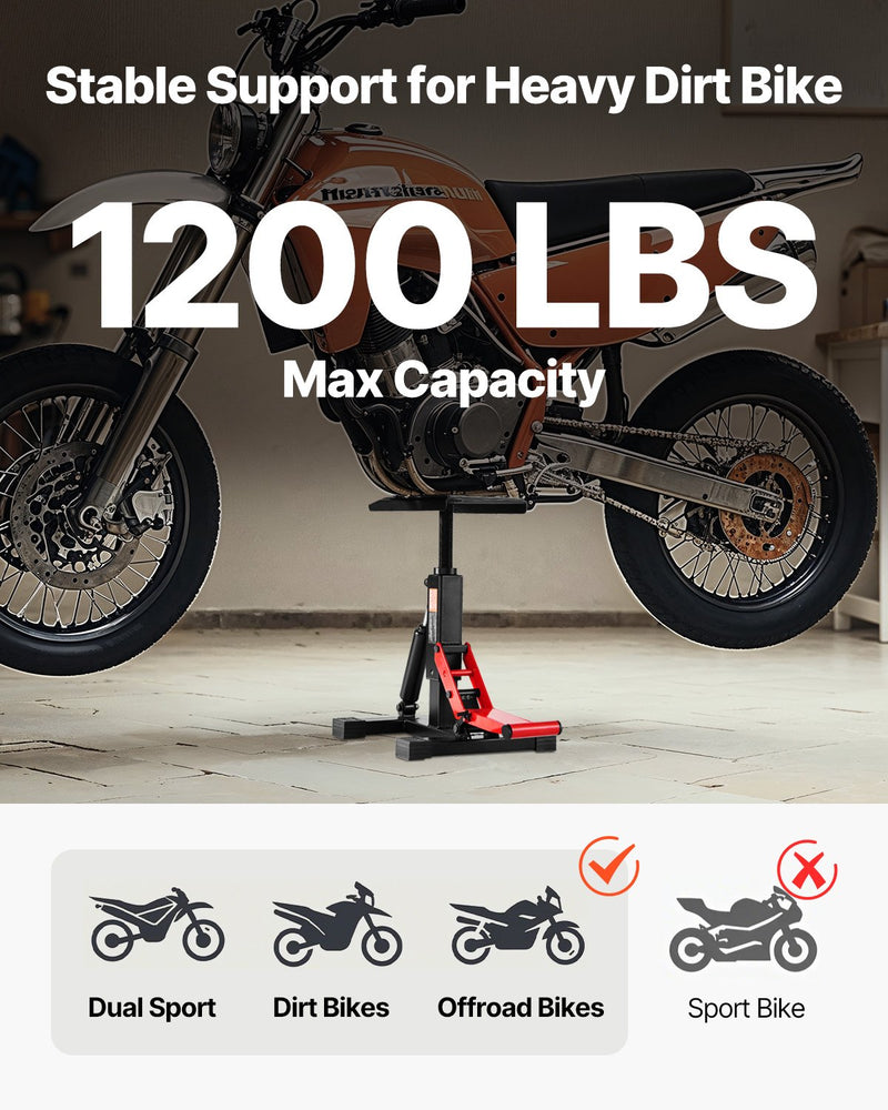 Motocikla hidrauliskais pacēlājs ar regulējamu augstumu 250–465 mm, celtspēja 545 kg, piemērots krosa motociklu apkopei un remontam