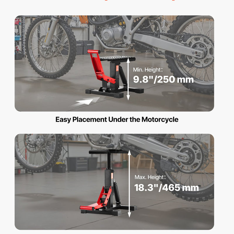 Motocikla hidrauliskais pacēlājs ar regulējamu augstumu 250–465 mm, celtspēja 545 kg, piemērots krosa motociklu apkopei un remontam