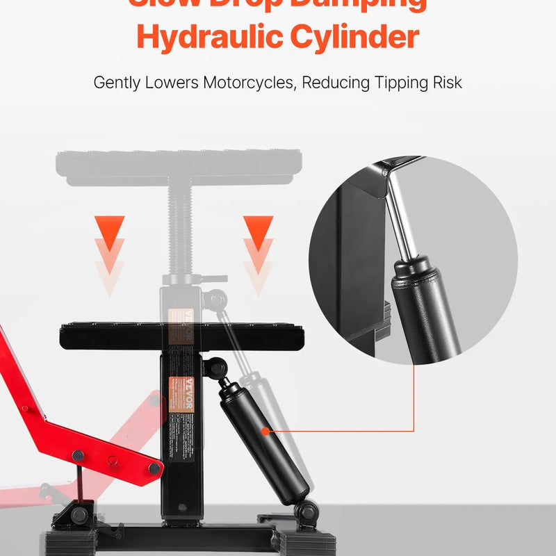Motocikla hidrauliskais pacēlājs ar regulējamu augstumu 250–465 mm, celtspēja 545 kg, piemērots krosa motociklu apkopei un remontam